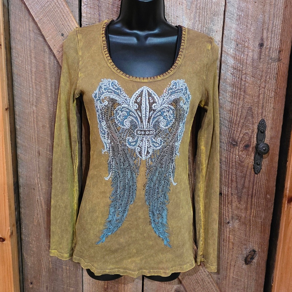 Vocal Apparel Y2K Mineral Wash Long Sleeve Top Fleur De Lis Angel Wings Bling M